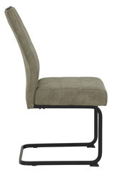 Seitenansicht eines modernen Schwingstuhls mit grauem Polster und schwarzem Metallgestell.