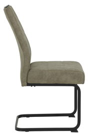 Seitenansicht eines modernen Schwingstuhls mit grauem Polster und schwarzem Metallgestell.