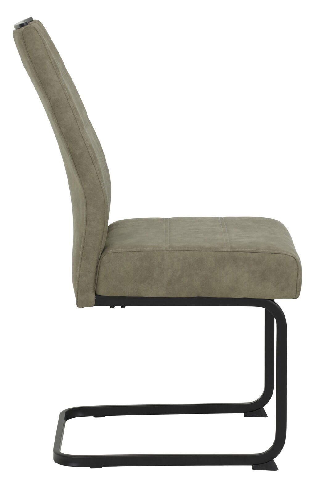 Seitenansicht eines modernen Schwingstuhls mit grauem Polster und schwarzem Metallgestell.