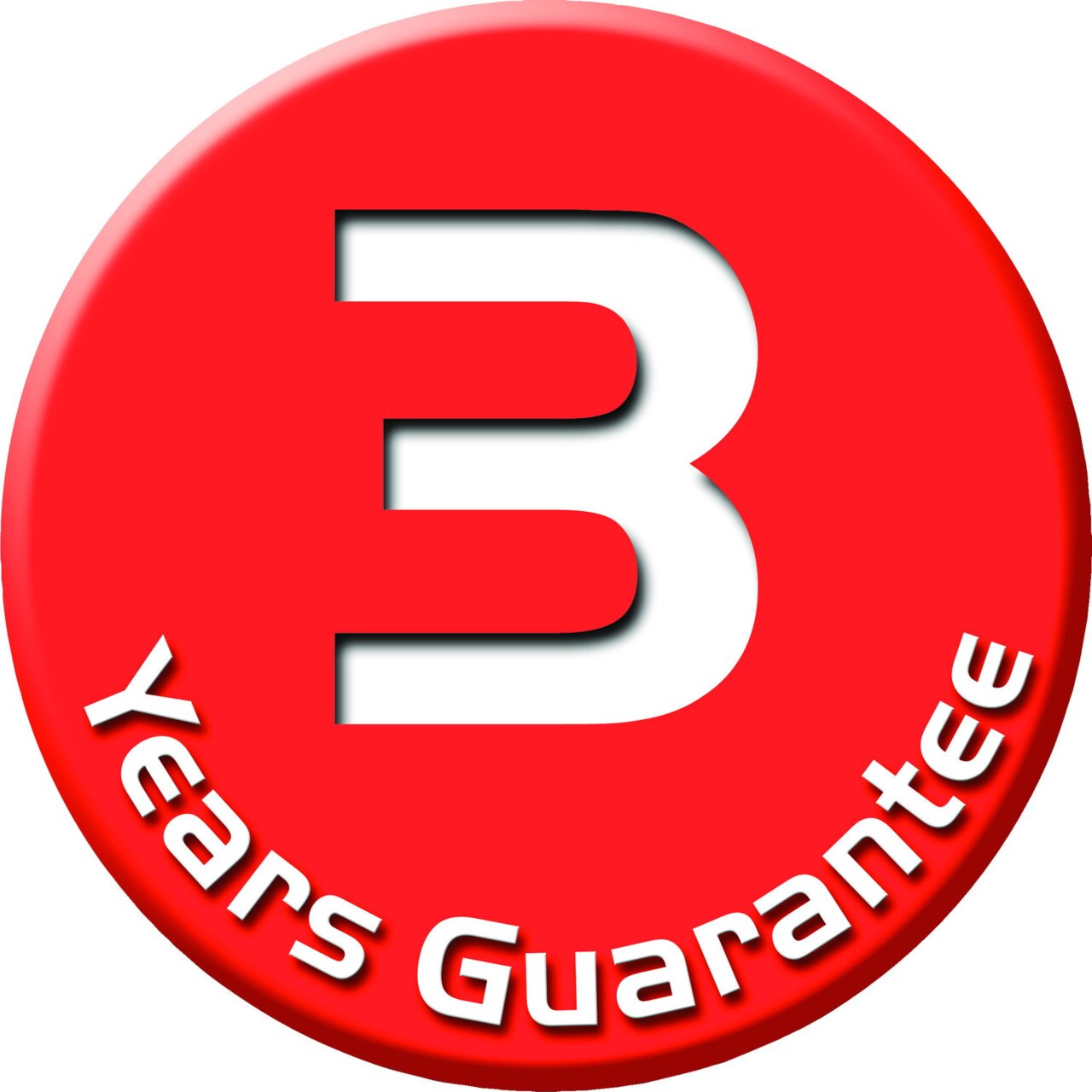 Rotes Abzeichen mit der Aufschrift '3 Years Guarantee' in weißer Schrift, Vorderansicht