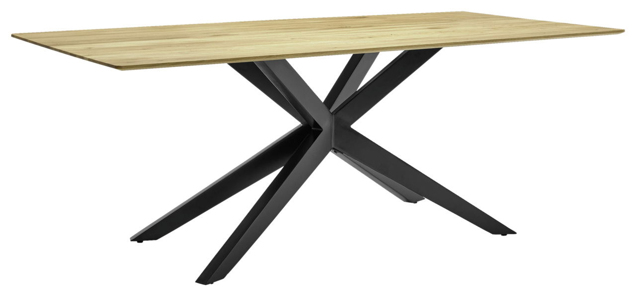 Moderner Esstisch mit Holzplatte und schwarzem Metallgestell, seitliche Perspektive