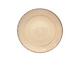 Runde, beige Keramikplatte mit konzentrischen Kreisen, von oben betrachtet.