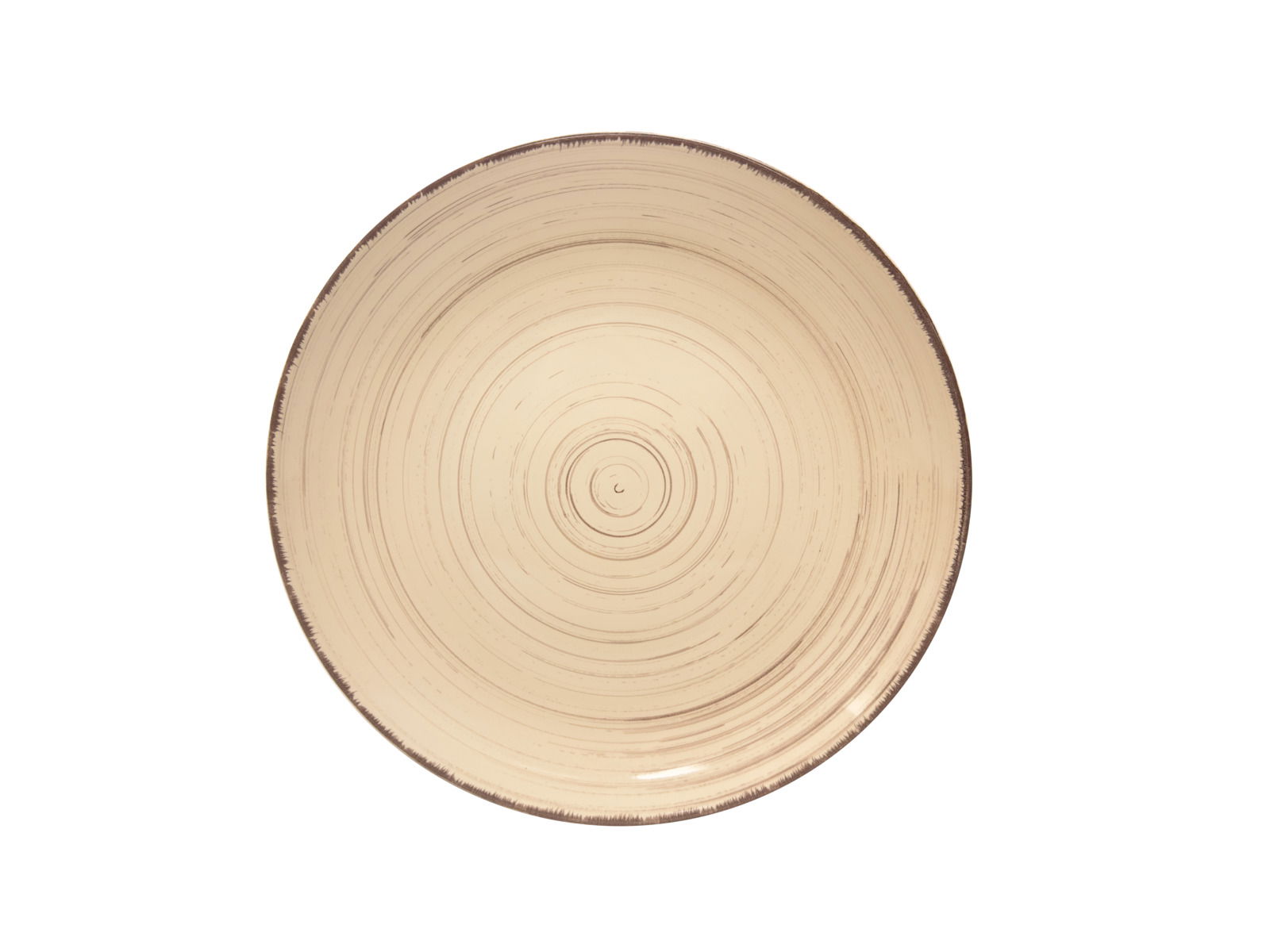 Runde, beige Keramikplatte mit konzentrischen Kreisen, von oben betrachtet.
