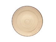 Runde, beige Keramikplatte mit konzentrischen Kreisen, von oben betrachtet.