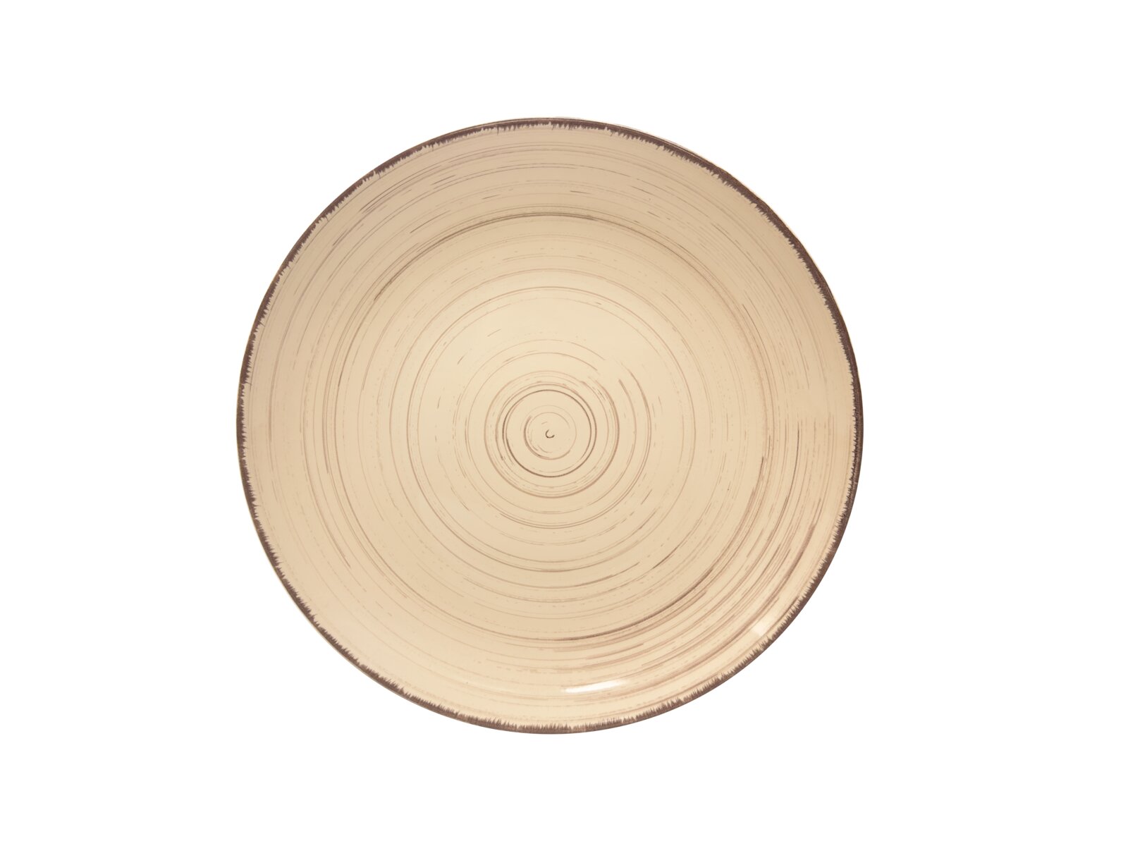 Runde, beige Keramikplatte mit konzentrischen Kreisen, von oben betrachtet.