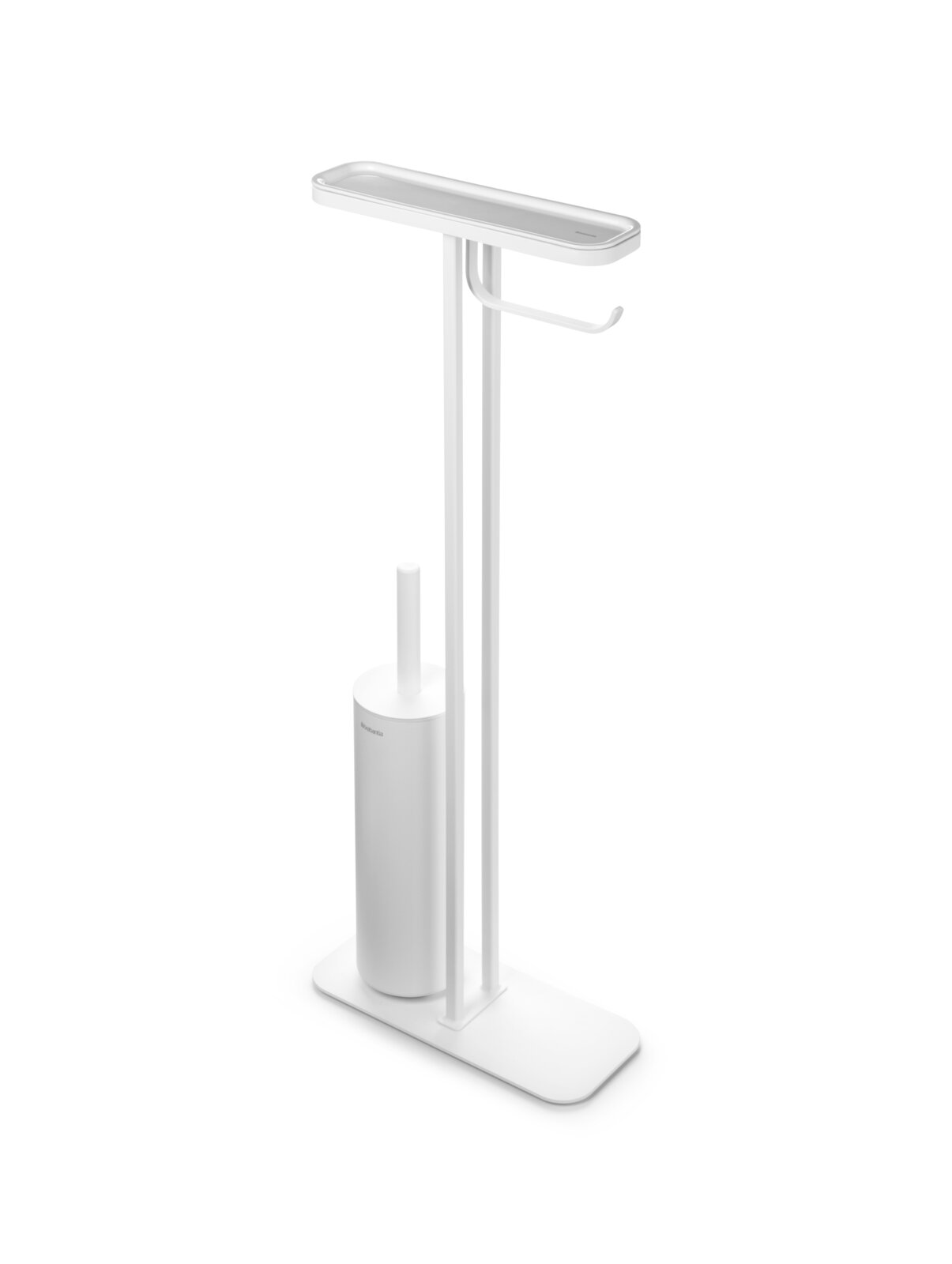 Moderner Toiletten-Butler in Weiß mit integriertem Toilettenbürstenhalter und Ablage, seitliche Perspektive.