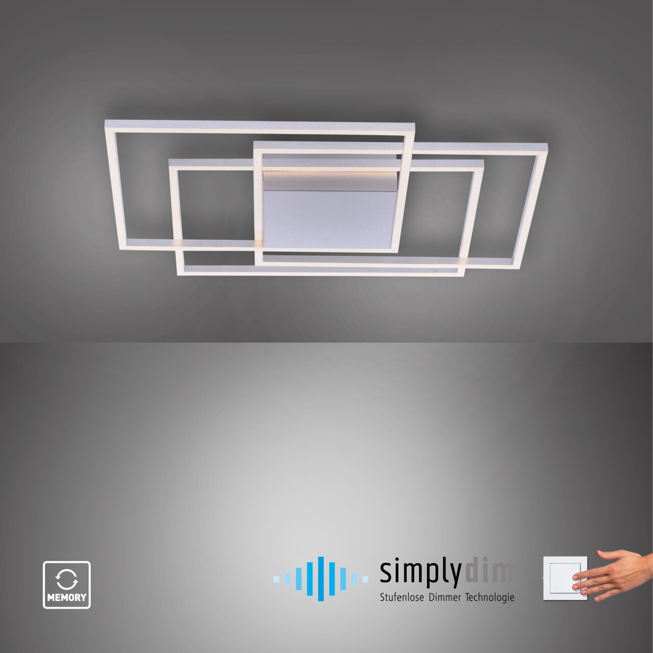 Moderne plafondlamp INIGO met geometrisch ontwerp, rechthoekige frames in wit, gezien van onderaf, dimbaar met SimplyDim-technologie.