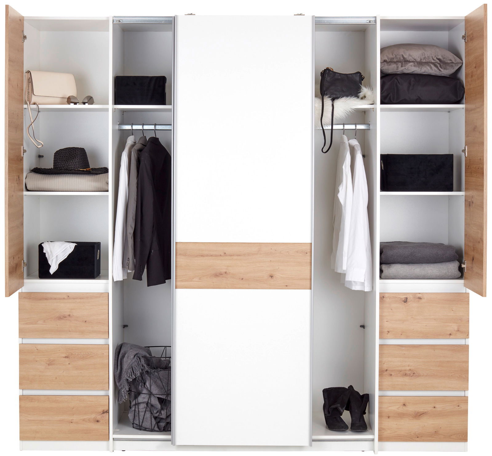 Moderner Dreh- und Schwebetürenschrank mit vier Türen, in Weiß und Holzoptik, gefüllt mit Kleidung und Accessoires, frontal betrachtet.