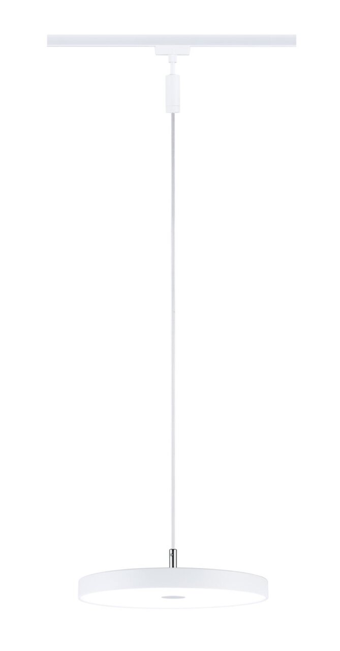 PAULMANN Schienenpendel Hildor URAIL Moderne weiße Pendelleuchte mit runder Scheibe, seitliche Perspektive