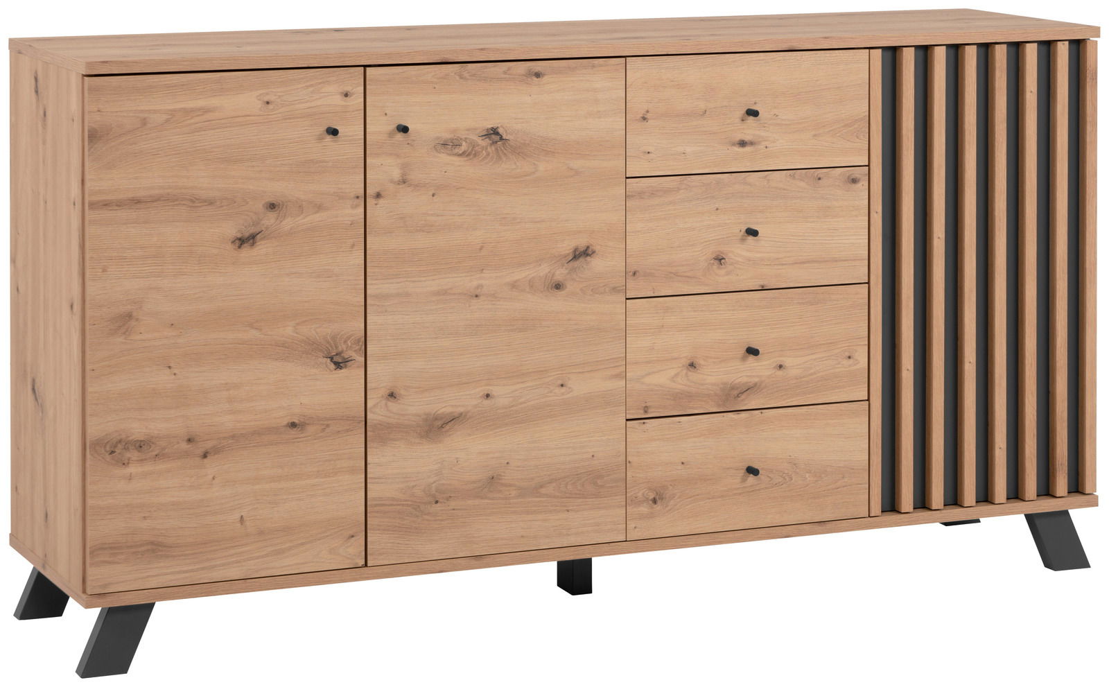 Holz-Sideboard mit zwei Türen, vier Schubladen und vertikalen Lamellen auf der rechten Seite, aus einer frontalen Perspektive betrachtet.