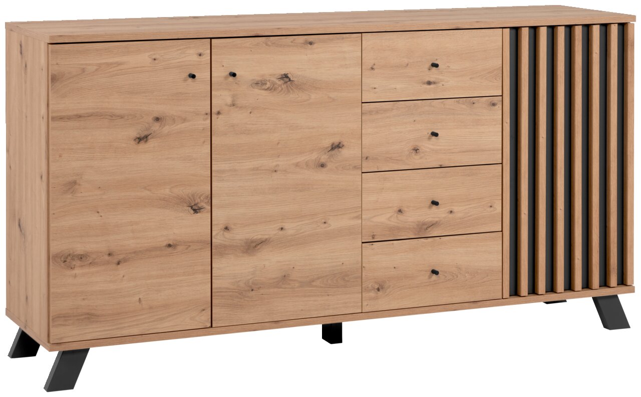 Holz-Sideboard mit zwei Türen, vier Schubladen und vertikalen Lamellen auf der rechten Seite, aus einer frontalen Perspektive betrachtet.