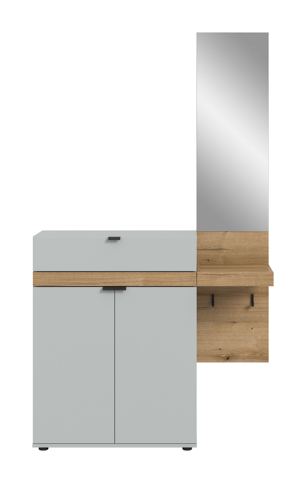 Modernes Badmöbel-Set mit grauem Unterschrank, Holzablage und hohem Spiegel, Frontansicht
