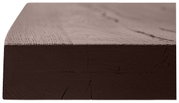 Nahaufnahme einer Tischplatte aus Holz, seitliche Perspektive, die die Maserung und Dicke des Materials zeigt.