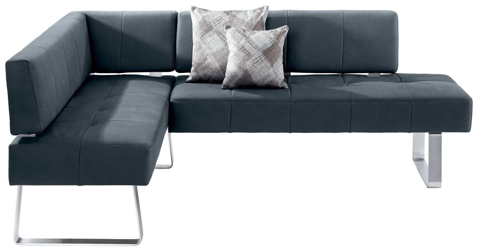 Moderne Eckbank in dunklem Stoff mit Metallbeinen, zwei dekorative Kissen, seitliche Perspektive