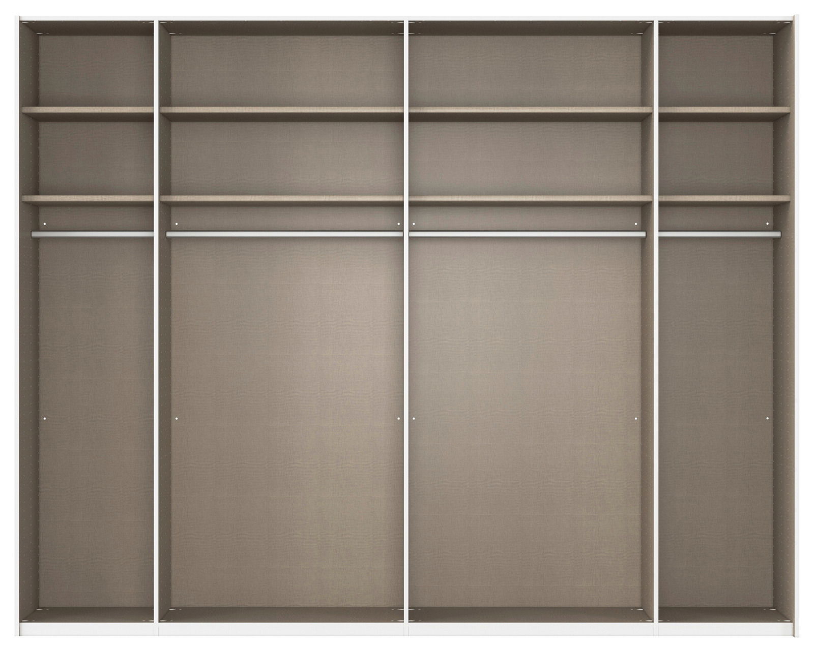 Innenansicht eines 2-türigen Schwebetürenschranks mit mehreren Regalböden und Kleiderstangen, frontal betrachtet.