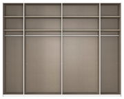 Innenansicht eines 2-türigen Schwebetürenschranks mit mehreren Regalböden und Kleiderstangen, frontal betrachtet.