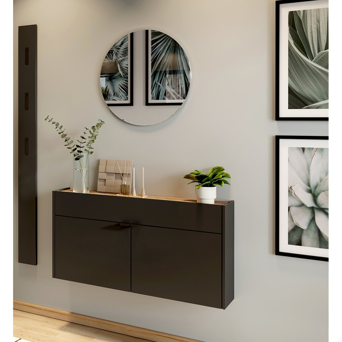 Moderne Garderobe mit Spiegel und Dekoration, seitliche Perspektive