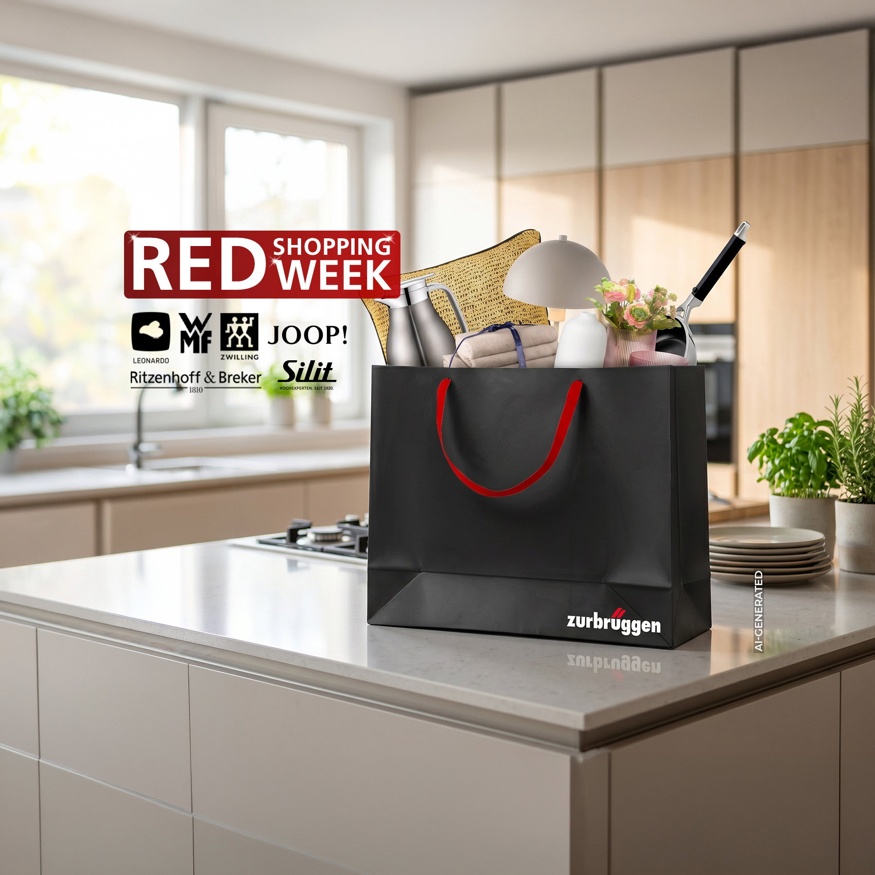 Schwarze Zurbrüggen-Einkaufstasche mit Wohnaccessoires in moderner Küche zur RED Shopping Week. (KI-generiert)