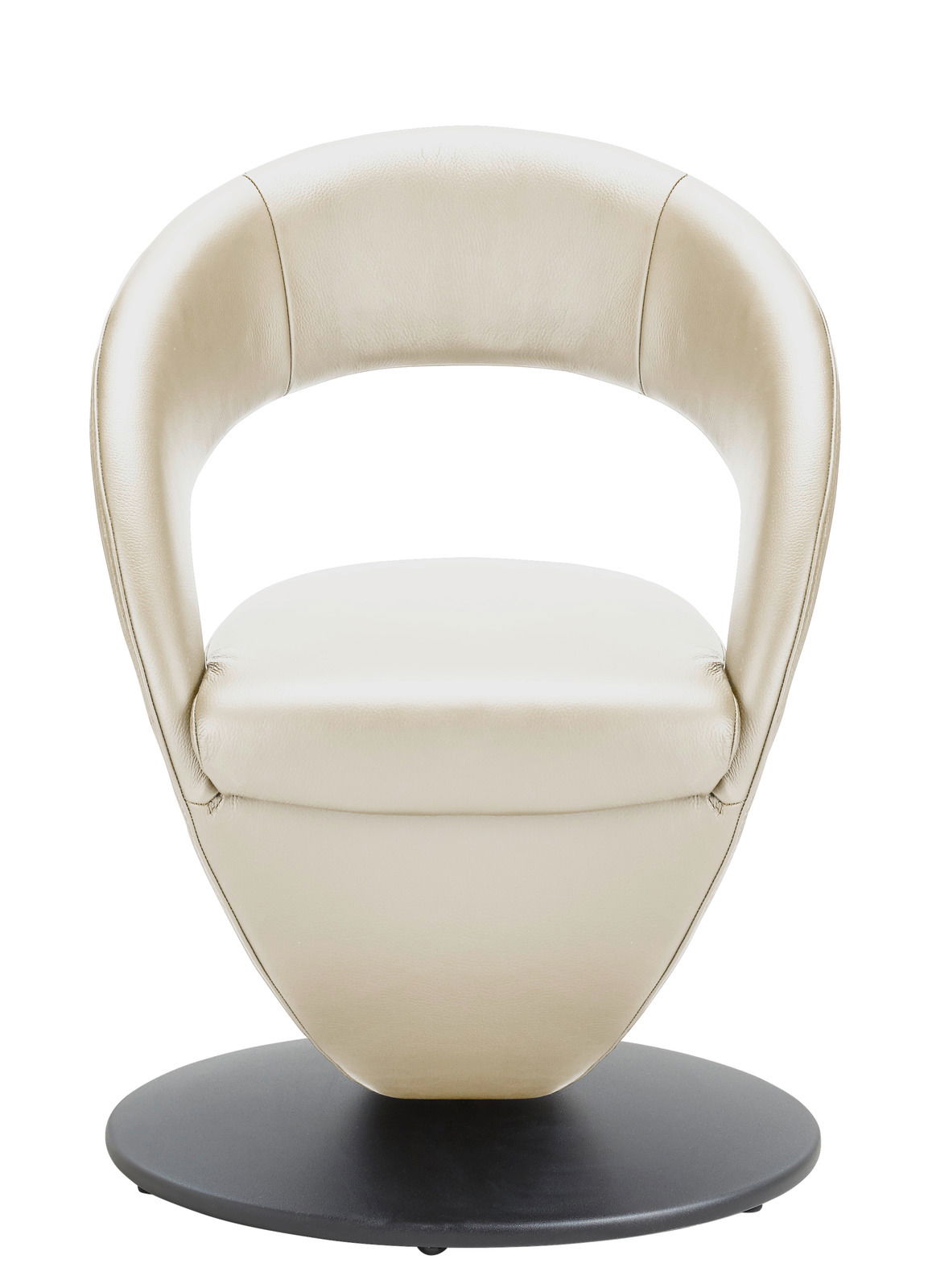 Moderano Sessel MEDINO Moderner cremefarbener Sessel mit runder Rückenlehne und schwarzem Sockel, Frontalansicht.