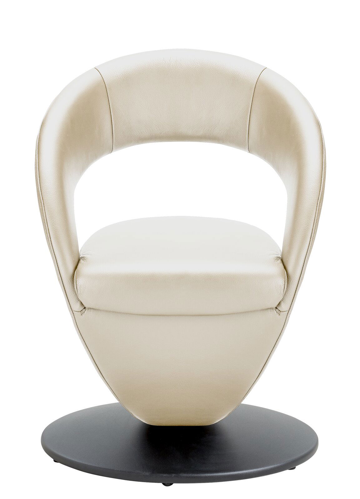 Moderano Sessel MEDINO Moderner cremefarbener Sessel mit runder Rückenlehne und schwarzem Sockel, Frontalansicht.