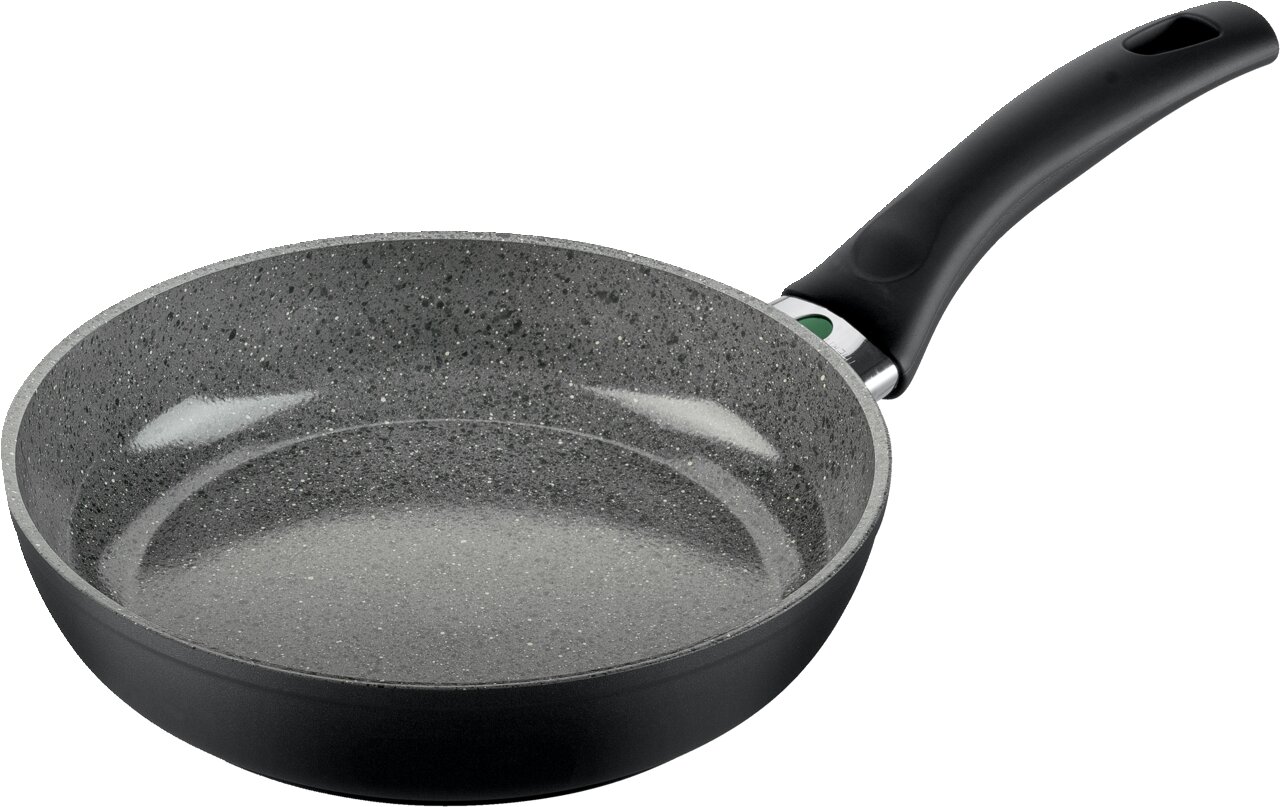 Bratpfanne mit 24 cm Durchmesser, graue Steinoptik, seitliche Perspektive