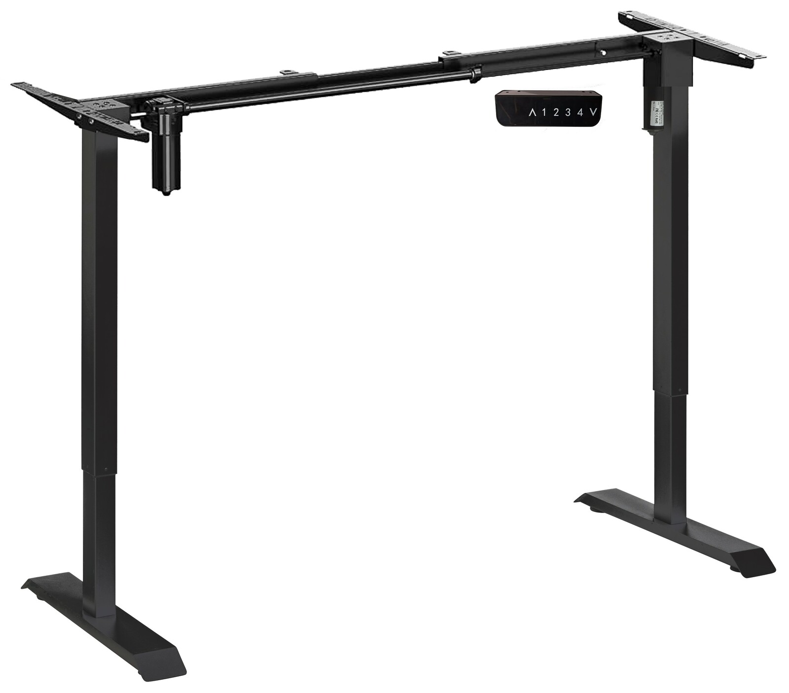 E-Serie Elektrisches Fußgestell E-START Elektrisches Tischgestell in schwarzer Farbe, seitliche Perspektive, mit Bedienelementen für Höhenverstellung.