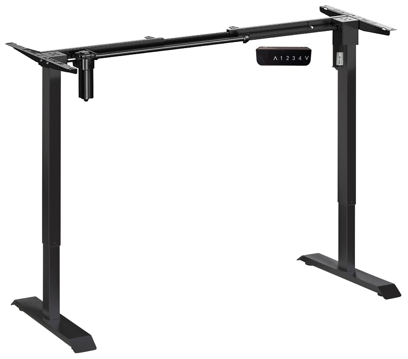 E-Serie Elektrisches Fußgestell E-START Elektrisches Tischgestell in schwarzer Farbe, seitliche Perspektive, mit Bedienelementen für Höhenverstellung.