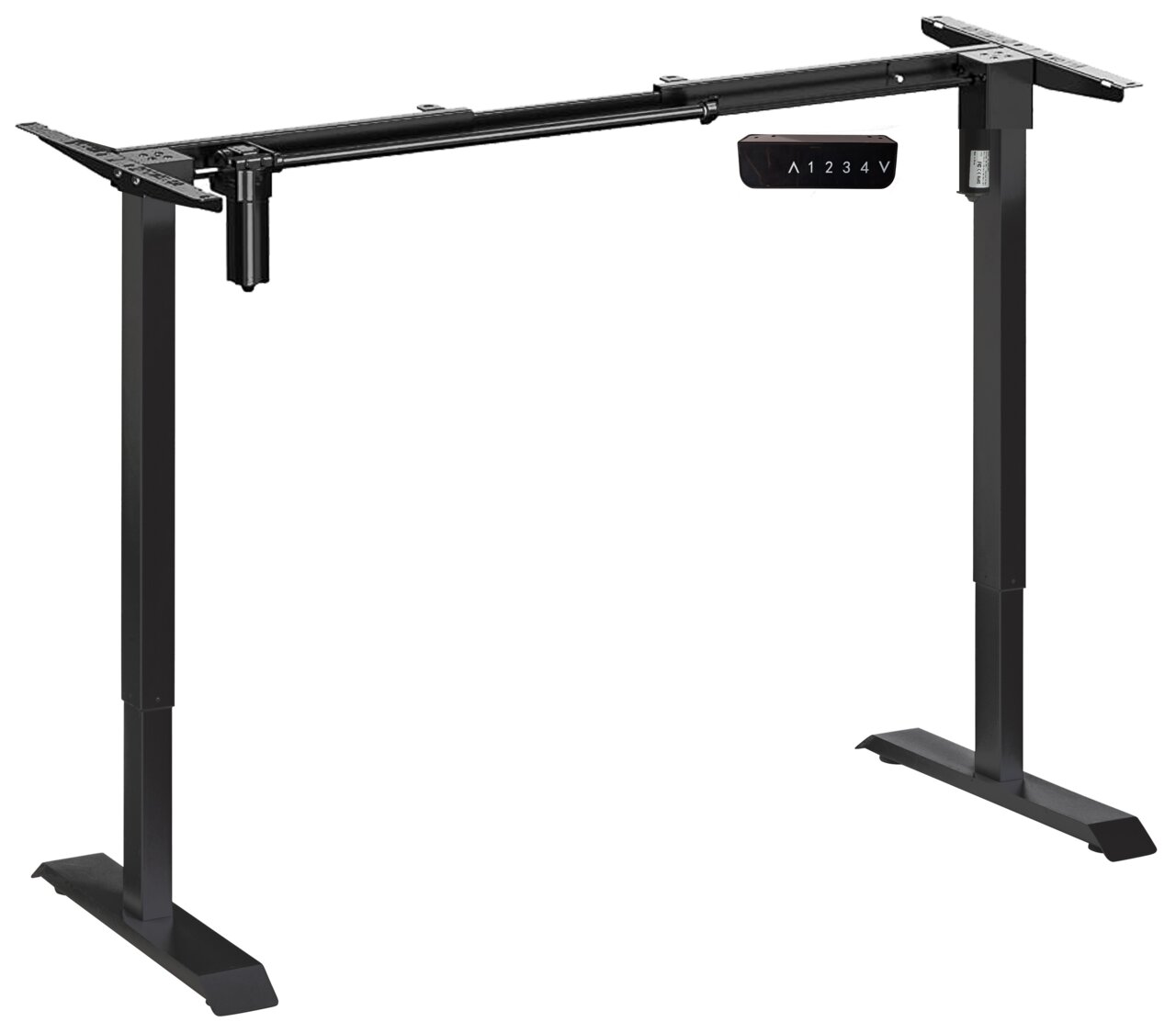 Elektrisches Tischgestell in schwarzer Farbe, seitliche Perspektive, mit Bedienelementen für Höhenverstellung.