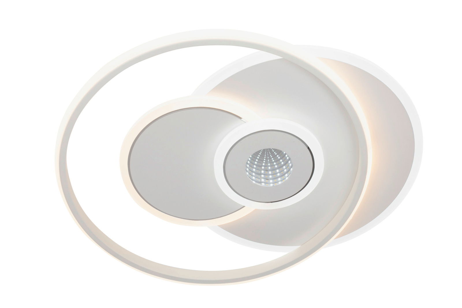 Moderne LED-Deckenleuchte mit kreisförmigem Design, seitliche Perspektive