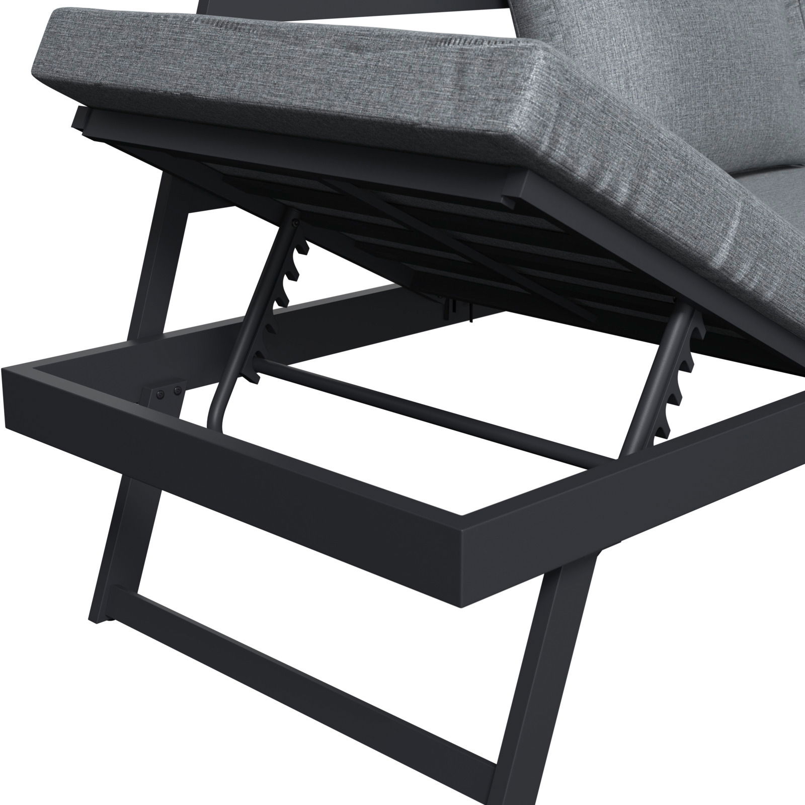 Detailansicht eines Lounge-Sofas mit grauem Polster und verstellbarem Metallrahmen von der Seite.