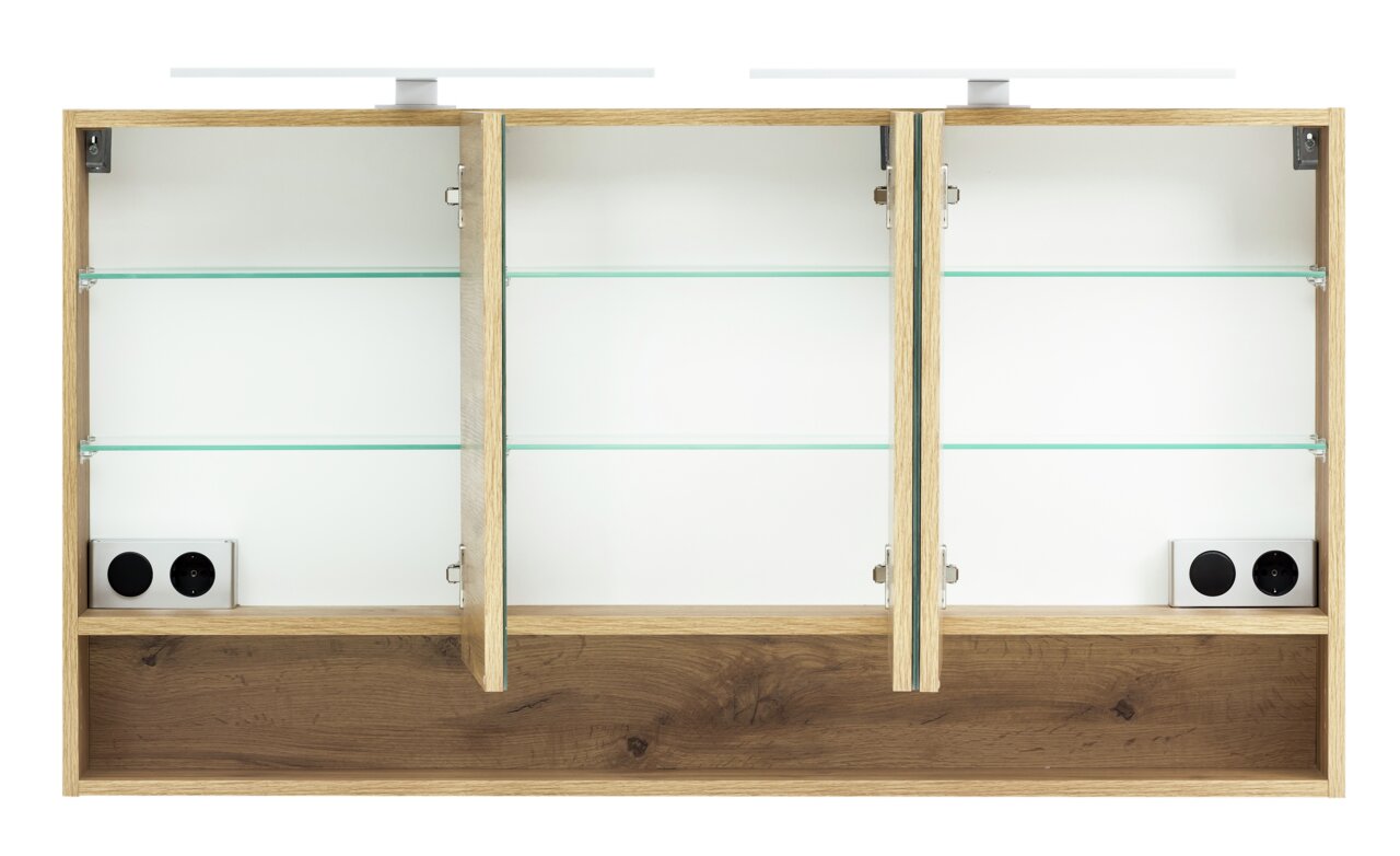 Spiegelschrank mit drei offenen Türen, Glasregalen und Steckdosen, Frontalansicht