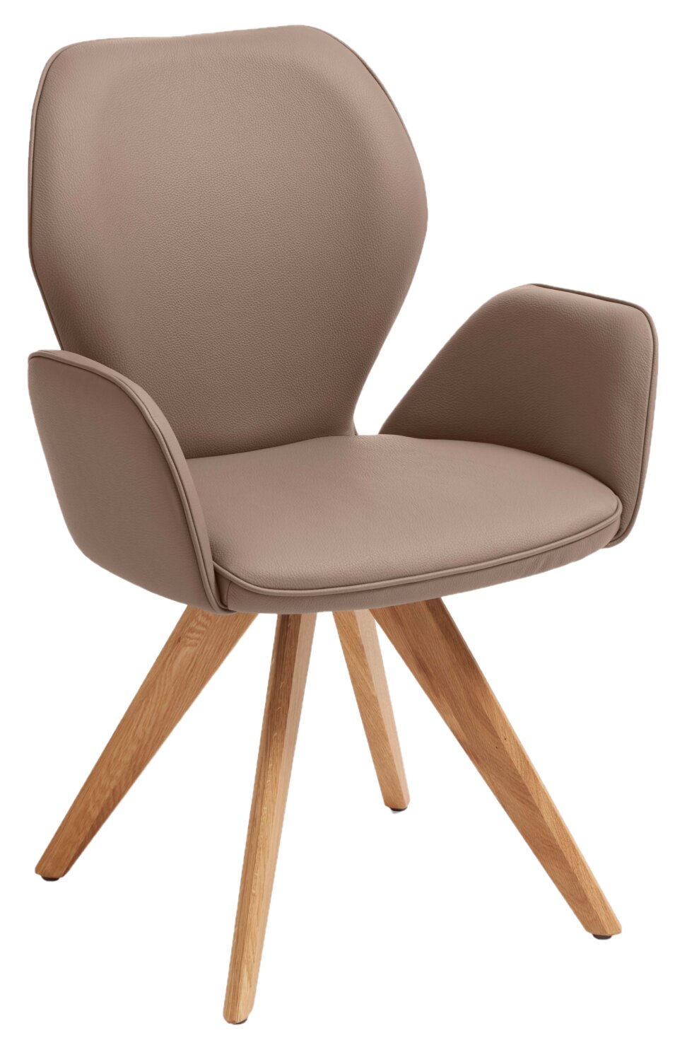 Moderner Sessel mit braunem Polster und Holzbeinen, seitliche Perspektive