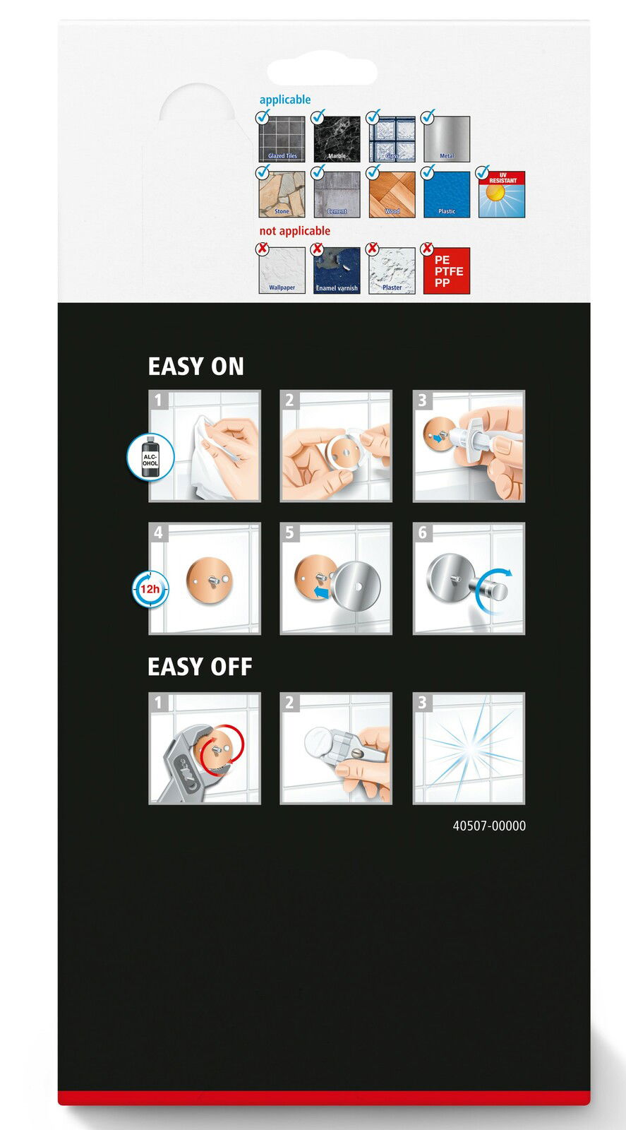 Rückseite der Verpackung des tesa ALUXX Black Eckduschkorbs mit Installationsanleitung und Materialhinweisen.