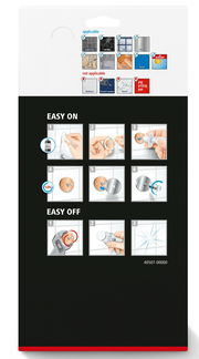 Rückseite der Verpackung des tesa ALUXX Black Eckduschkorbs mit Installationsanleitung und Materialhinweisen.