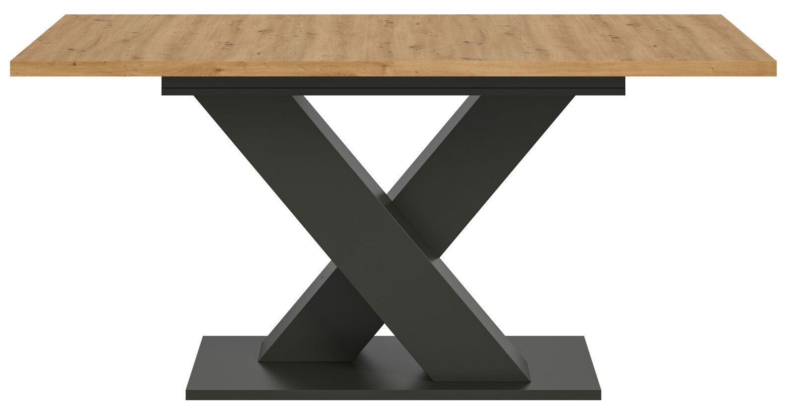 Moderner Esstisch mit Holztischplatte und schwarzem X-förmigem Metallgestell, Frontalansicht