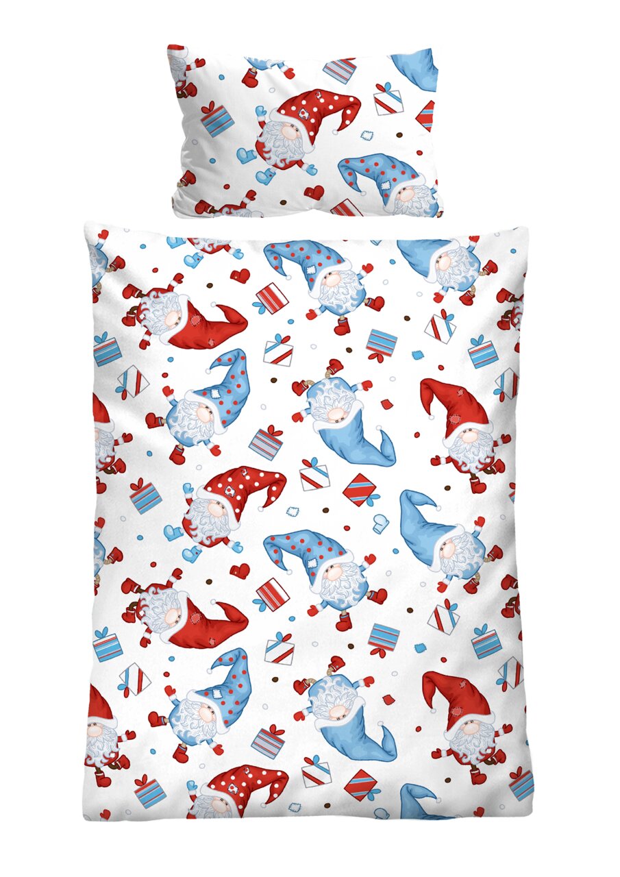 Biber Bettwäsche 100x135cm mit weihnachtlichem Wichtel- und Geschenk-Muster in Rot und Blau, aus der Vogelperspektive.
