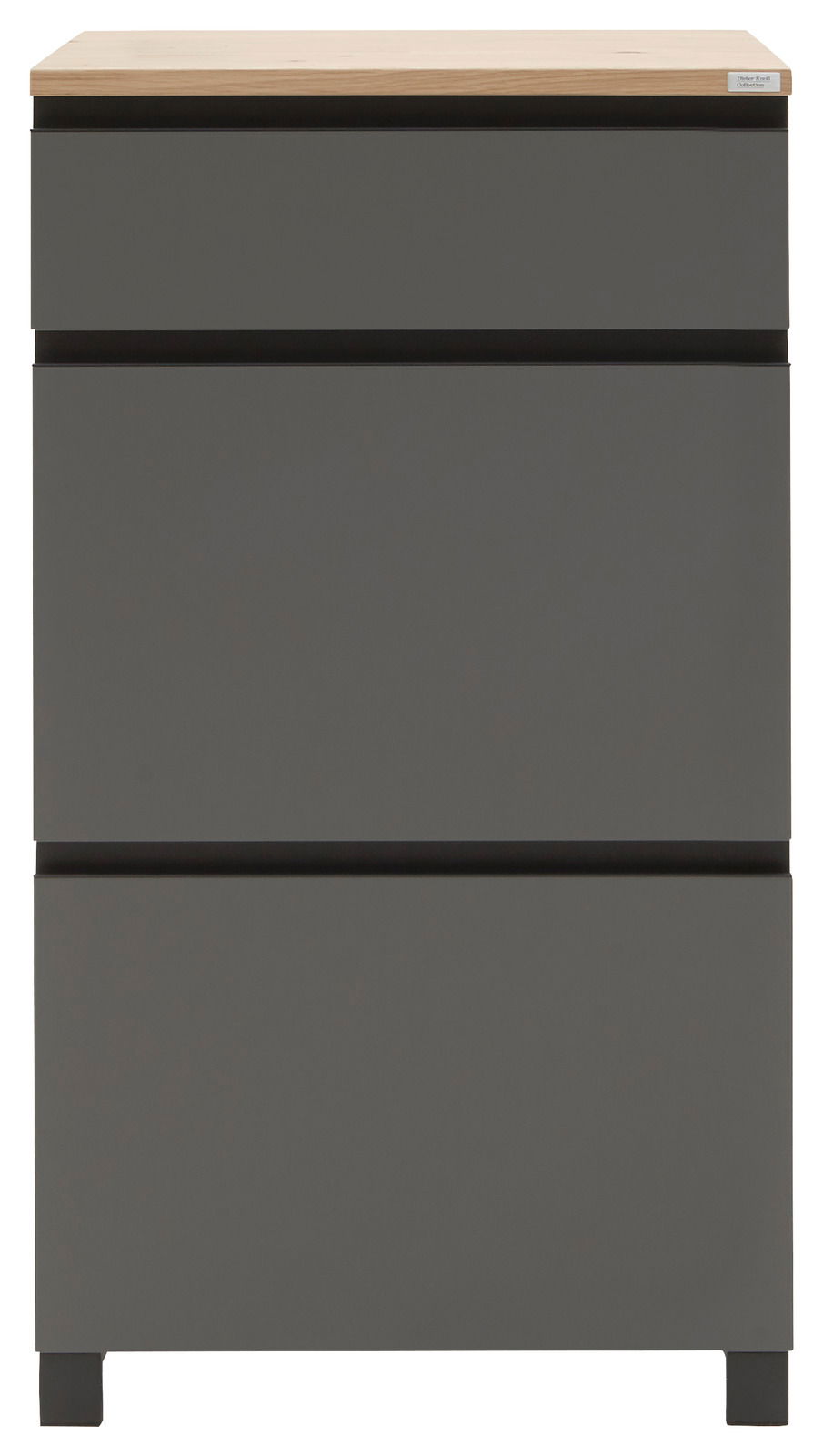 Moderner Schuhschrank in grauer Farbe mit drei Schubladen und einer Holzoberfläche, Frontalansicht.