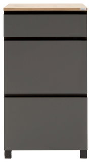 Moderner Schuhschrank in grauer Farbe mit drei Schubladen und einer Holzoberfläche, Frontalansicht.