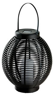 Schwarze Solar Laterne in Rattan-Optik mit Henkel, seitliche Perspektive