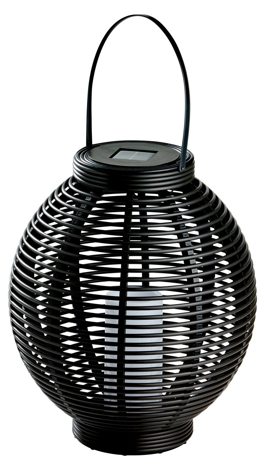 Schwarze Solar Laterne in Rattan-Optik mit Henkel, seitliche Perspektive