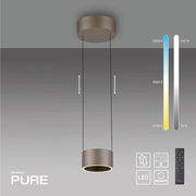 LED-Pendelleuchte in zylindrischer Form, von der Seite betrachtet, mit einstellbarer Farbtemperatur von 2700K bis 5000K und Dimmfunktion, inklusive Fernbedienung.