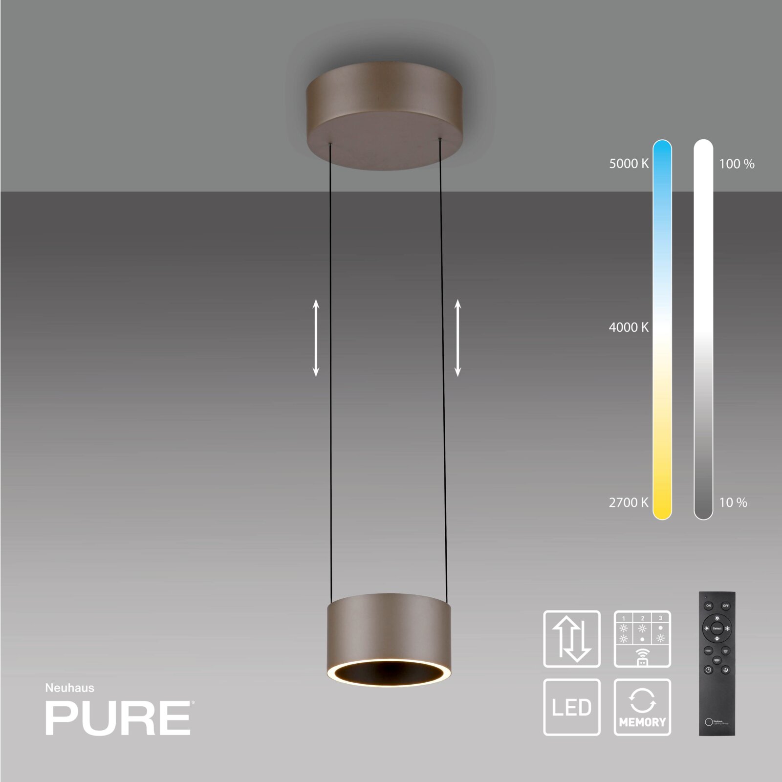 LED-Pendelleuchte in zylindrischer Form, von der Seite betrachtet, mit einstellbarer Farbtemperatur von 2700K bis 5000K und Dimmfunktion, inklusive Fernbedienung.