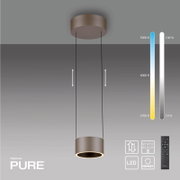 LED-Pendelleuchte in zylindrischer Form, von der Seite betrachtet, mit einstellbarer Farbtemperatur von 2700K bis 5000K und Dimmfunktion, inklusive Fernbedienung.