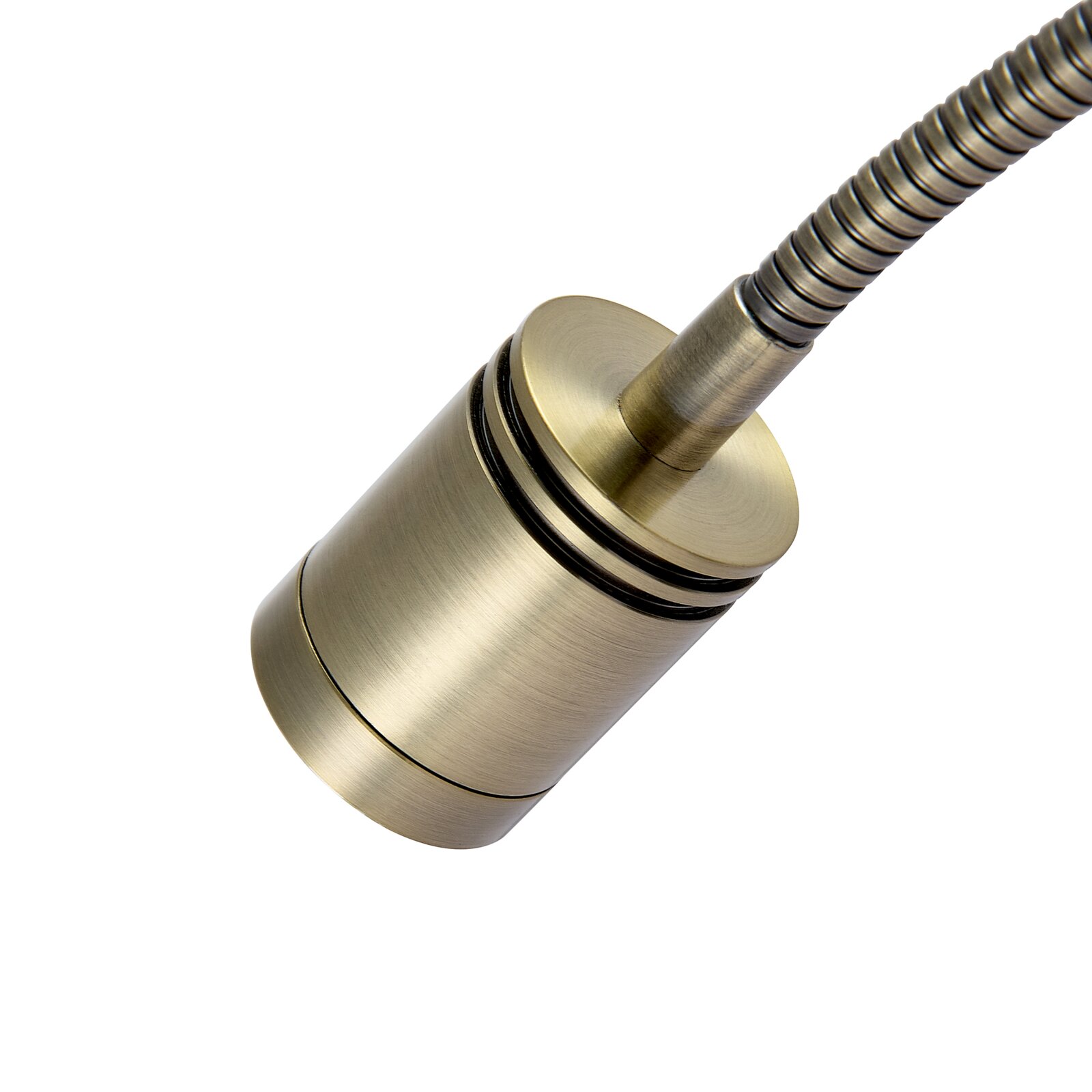 Detailaufnahme eines zylindrischen Metallgehäuses in gebürsteter Optik mit geriffeltem, flexiblem Metallkabel, schräg von oben im Nahblick auf weißem Hintergrund