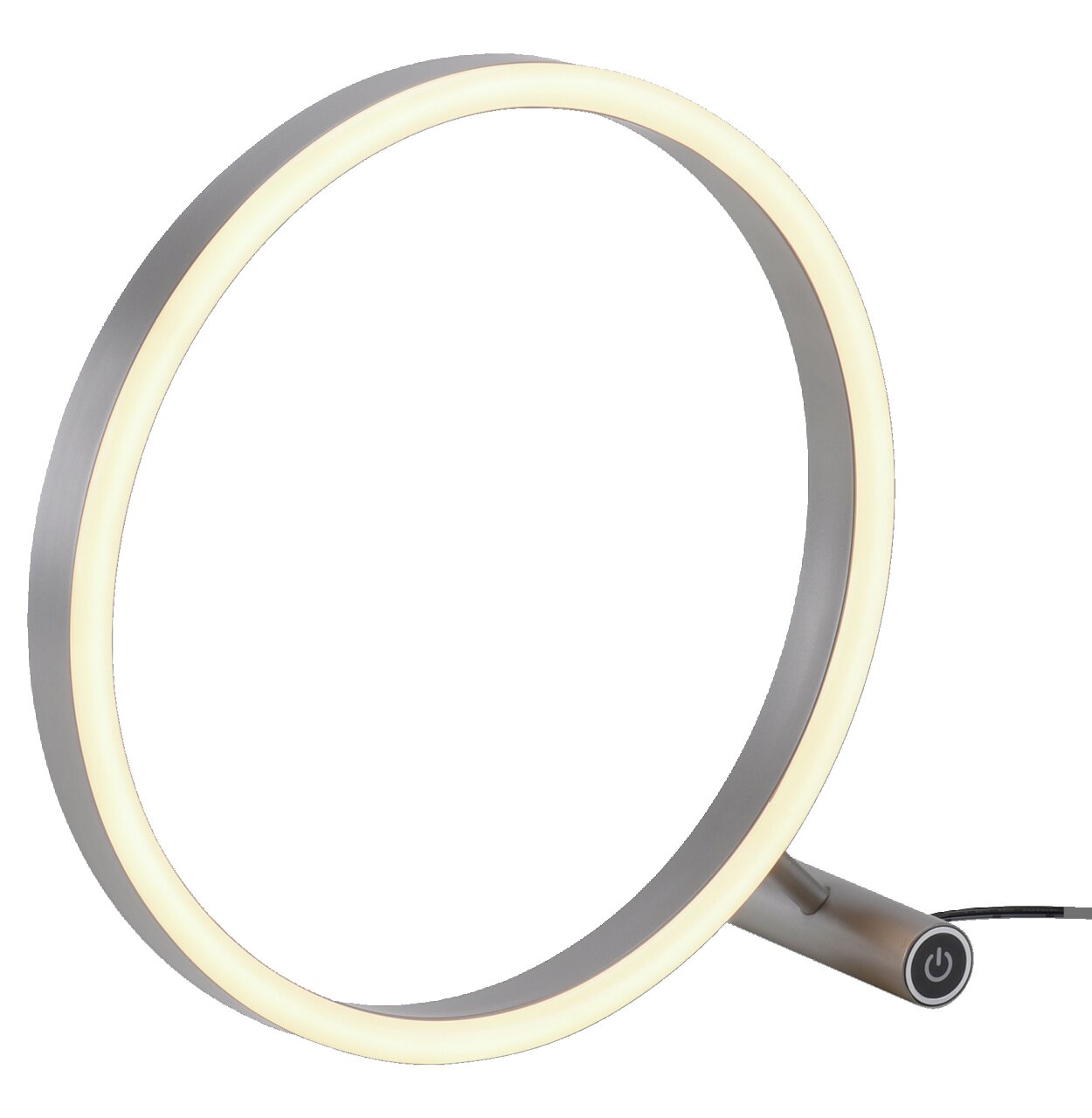 Moderne Tischleuchte RITUS in Ringform mit seitlicher Perspektive, leuchtend und mit Touch-Schalter.