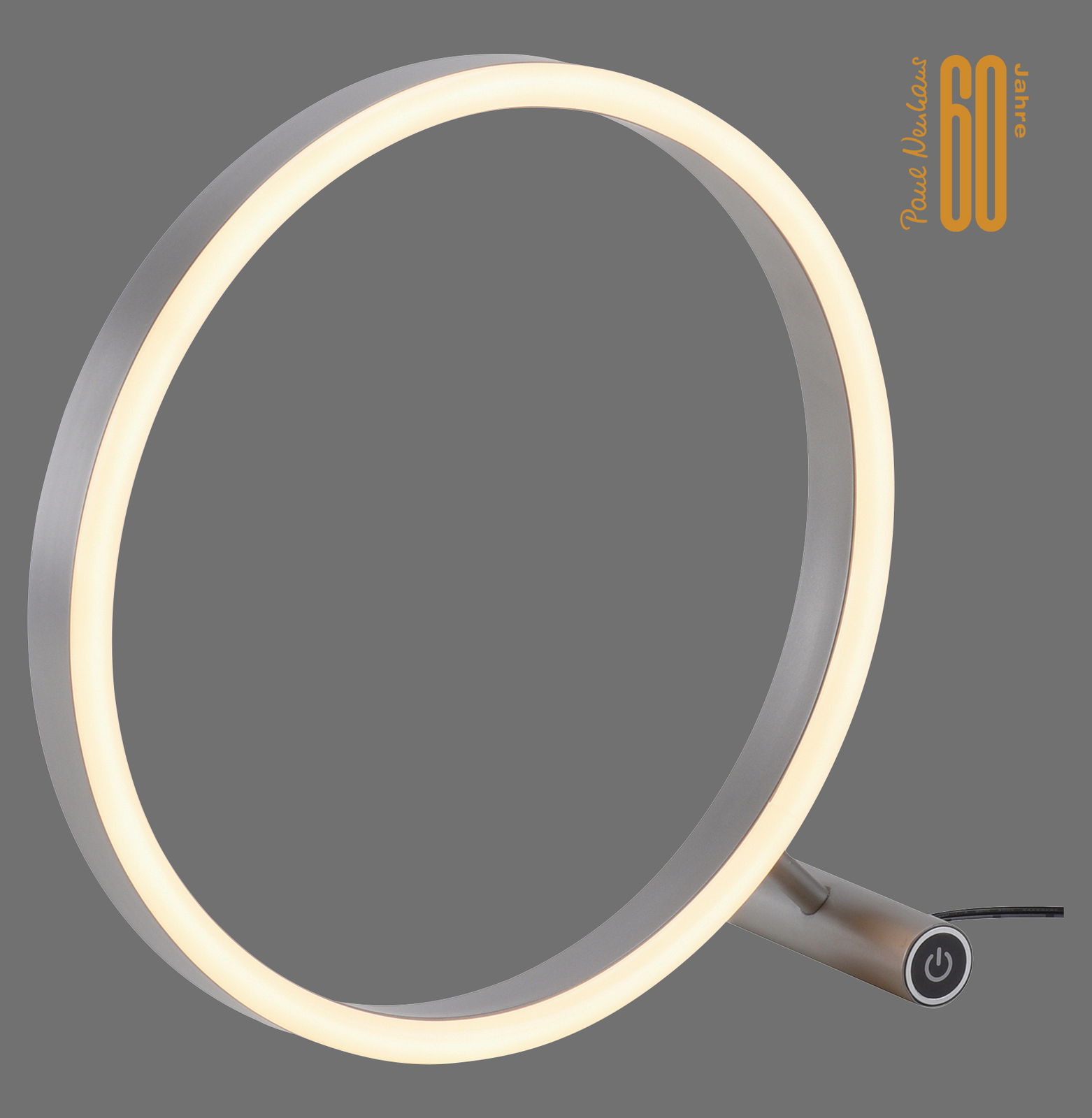 Moderne Tischleuchte RITUS in Ringform mit seitlicher Perspektive, leuchtend und mit Touch-Schalter.