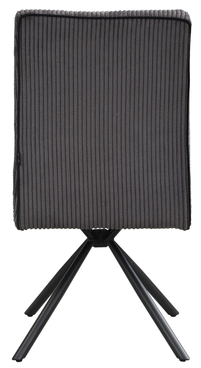 Rückansicht eines modernen Stuhls mit geripptem Stoffbezug und schwarzen Metallbeinen.