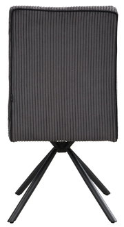 Rückansicht eines modernen Stuhls mit geripptem Stoffbezug und schwarzen Metallbeinen.