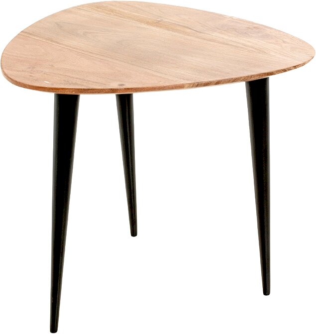 Ovaler Beistelltisch mit heller Holzplatte und drei schwarzen, konisch zulaufenden Beinen, freigestellt auf weißem Hintergrund, Ansicht schräg von oben/vorne.