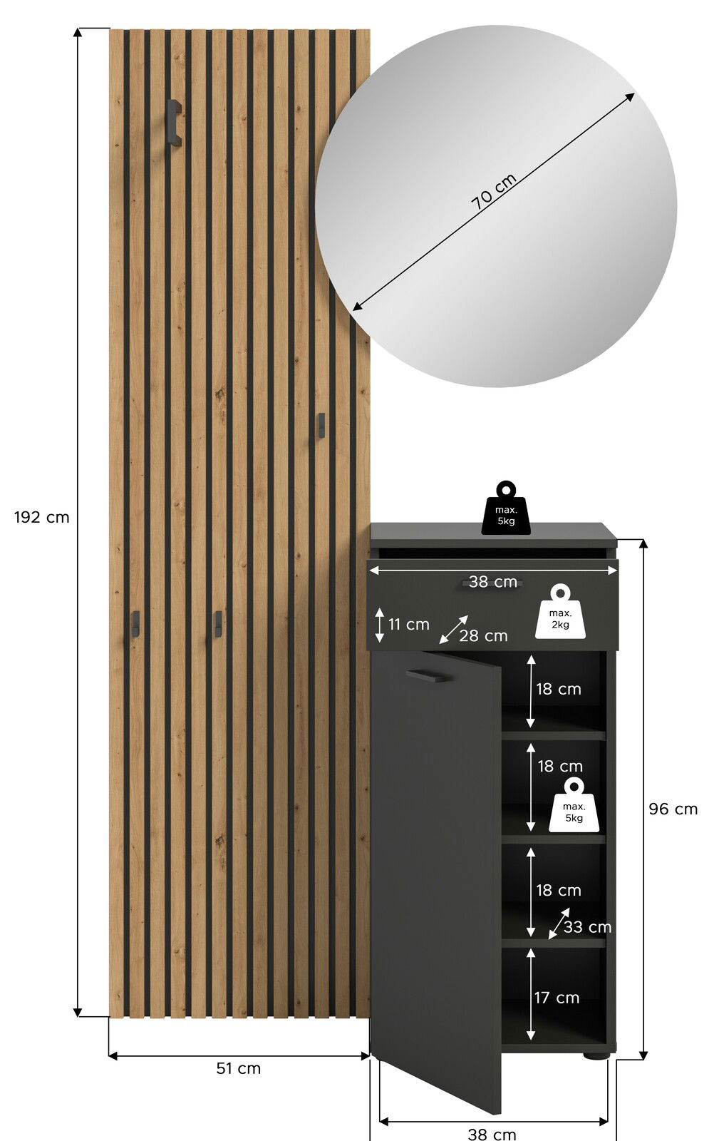 Garderobenkombination mit Holzpaneelen und schwarzem Schrank, inklusive rundem Spiegel, aus der Vorderansicht.